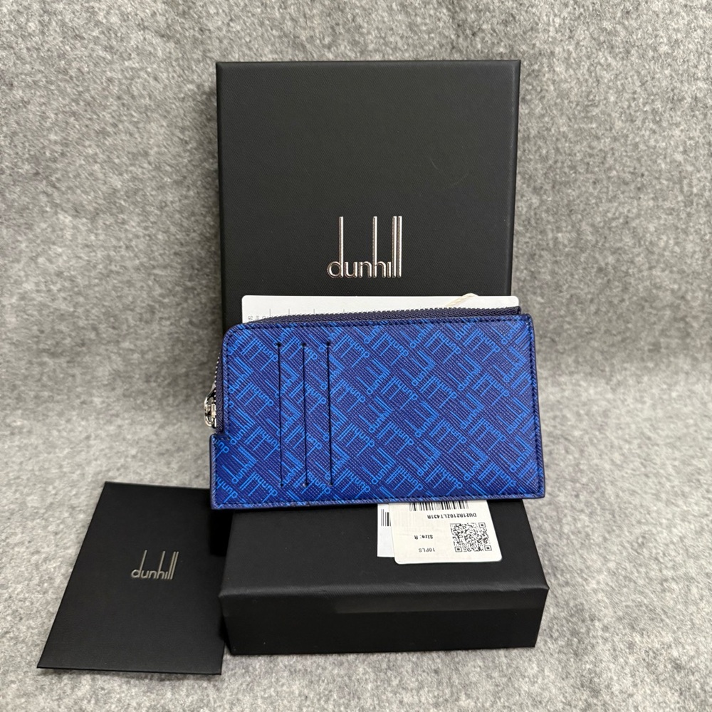 NWT Dunhill Logo Print Leather Zipper Card Holder Wallet Blue